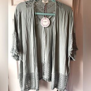 NWT Umgee Linen and Crochet Open Front Over-piece. Dusty Sage. *Fits like L/XL